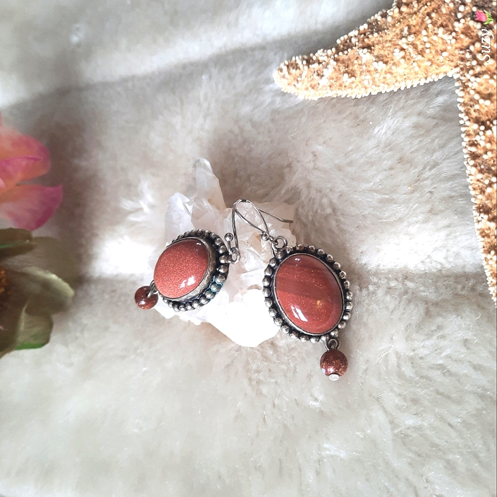 Sandstone Sterling Earrings Cabochon Dangle Pierced Hook